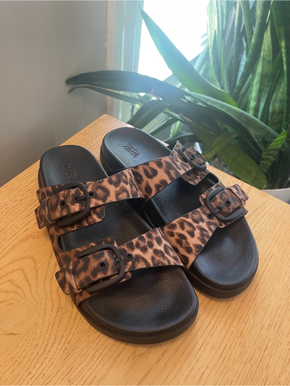 Zara Leopard Print Double Buckle Slide Sandals